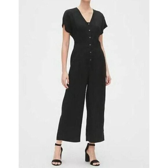 Gap Jumpsuit Womens Medium Button Up Pleated Wide Leg Cropped Black Boho - Picture 1 of 8